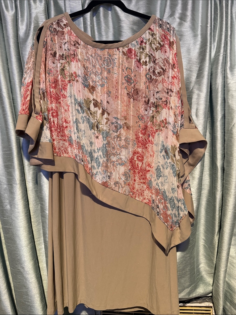 R&M Richards Beige Midi Dress with Floral Overlay in Red and Blue